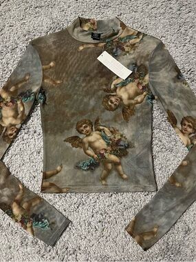 Urban Outfitters Brown Cherub Print Mesh Tee